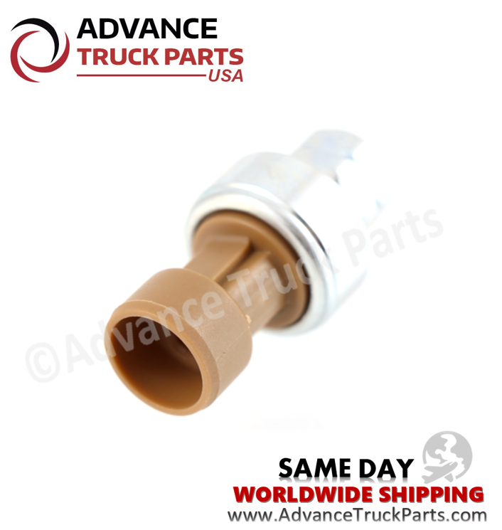 Advance Truck Parts USA Navistar high pressure A/C switch close-up view focusing on the brown electrical connector housing on a branded background