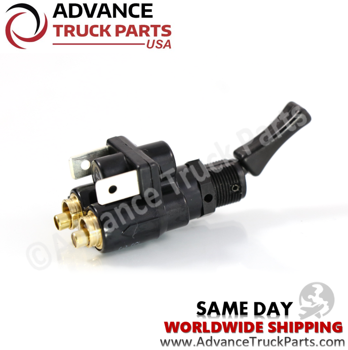 Advance Truck Parts USA branded studio angled overview of the heavy-duty air electric toggle valve for Kenworth and Volvo applications