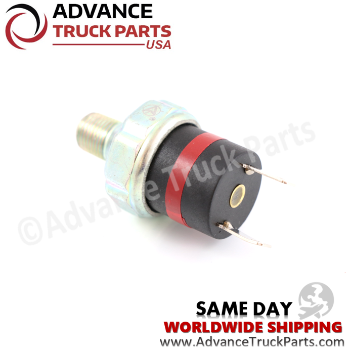 Advance Truck Parts USA branded studio angled view highlighting the dual blade terminal connectors and body of the Freightliner air pressure switch