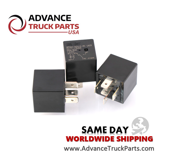 Advance Truck Parts USA branded studio perspective showcasing a group of three black automotive relays displaying the printed face, side profile, and five quick connect terminal pins