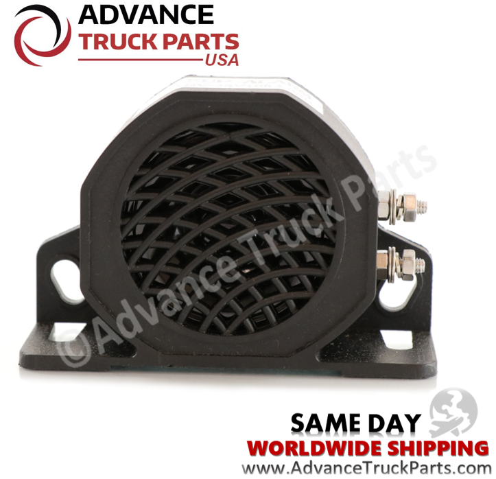 Advance Truck Parts USA back up beeper displaying a studio front view highlighting the protective speaker grill and side terminals on a branded background