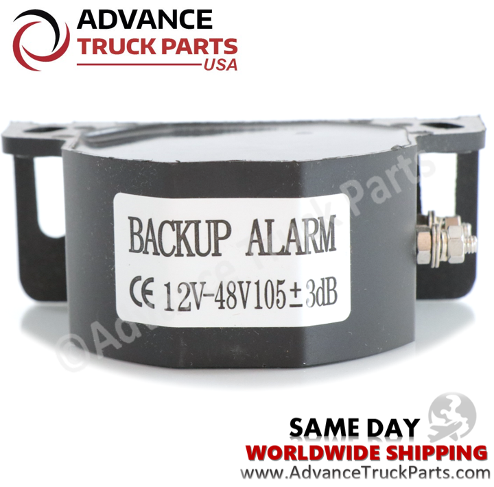 Advance Truck Parts USA commercial back up alarm close-up view highlighting the voltage and decibel specification label on a branded background