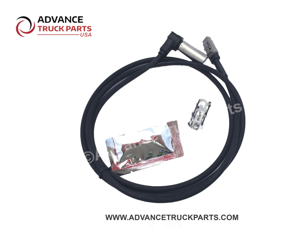 Advance Truck Parts USA branded studio view showing the 801546 right angle ABS sensor assembly, grease packet, and metal clip