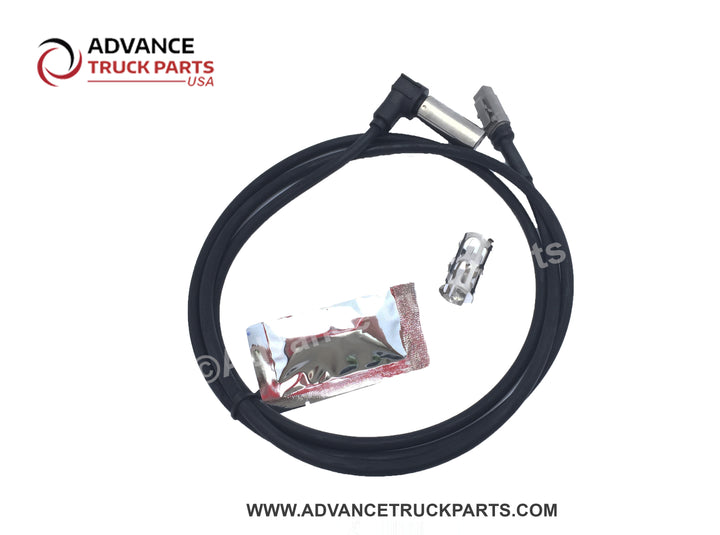 Advance Truck Parts USA branded studio view showing the 801546 right angle ABS sensor assembly, grease packet, and metal clip