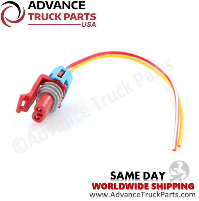 Advance Truck Parts USA branded studio angled view of the 2-pin pigtail harness connector showing the terminal pins and wire leads