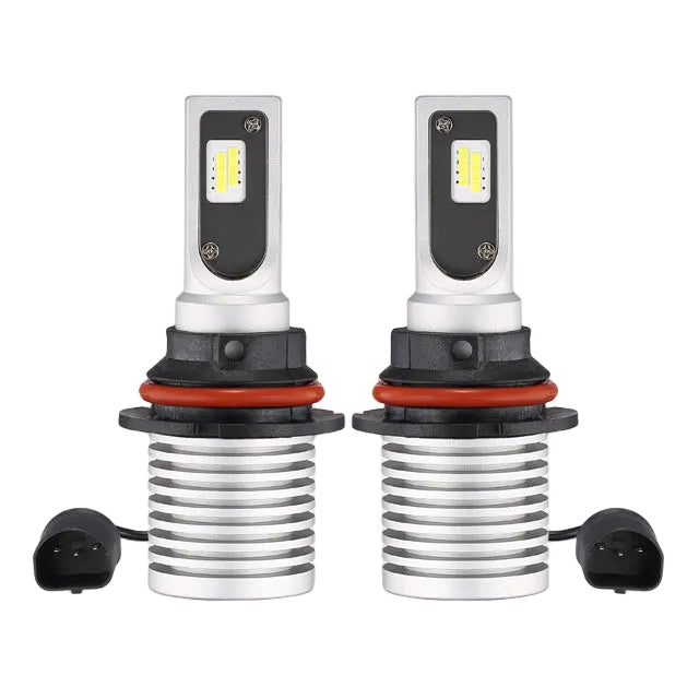 Advance Truck Parts USA 9007 LED headlight bulbs showing a clean studio view of the dual LED chips, heatsink fins, red O-rings, and plug connectors on a plain white background