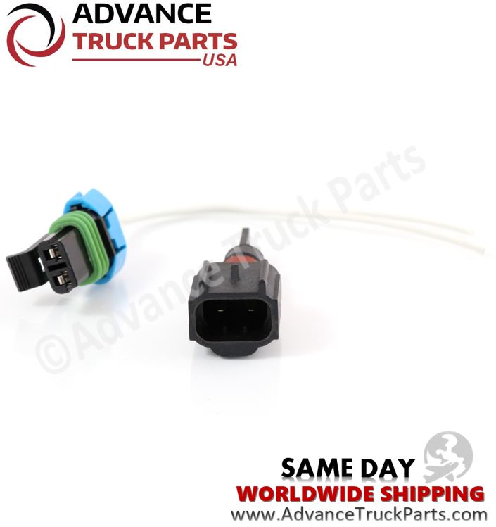 Advance Truck Parts USA branded studio split view showing the coolant level sensor housing alongside its matching pigtail connector with blue seal and locking tab