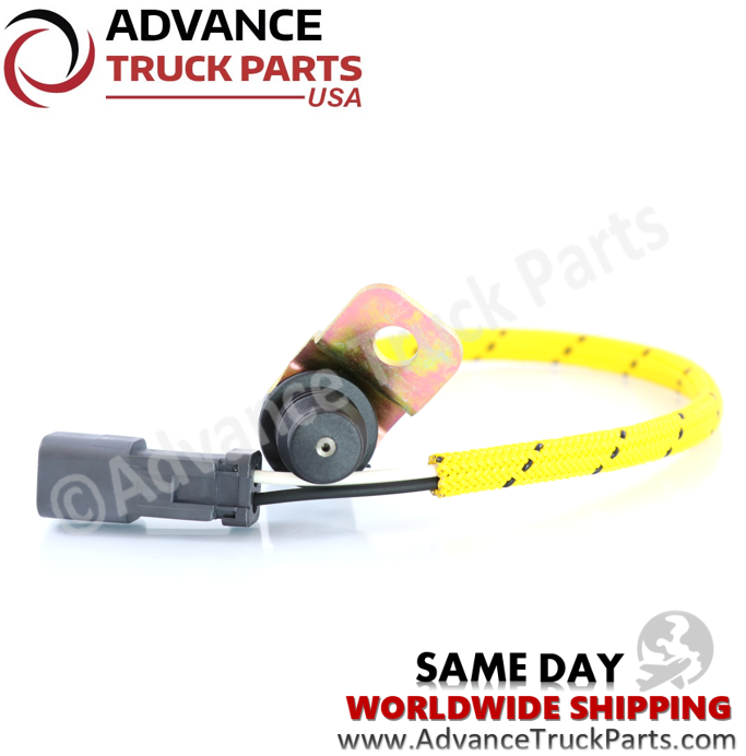 Advance Truck Parts USA Caterpillar speed sensor close-up view highlighting the mounting flange and sensor tip on a branded background