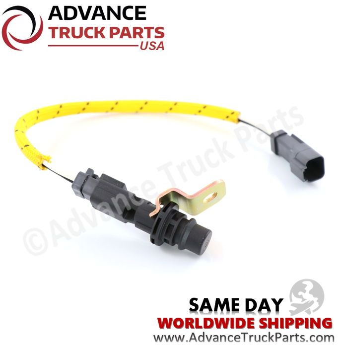 Advance Truck Parts USA Caterpillar speed sensor displaying an angled studio perspective of the sensor probe and yellow braided harness on a branded background