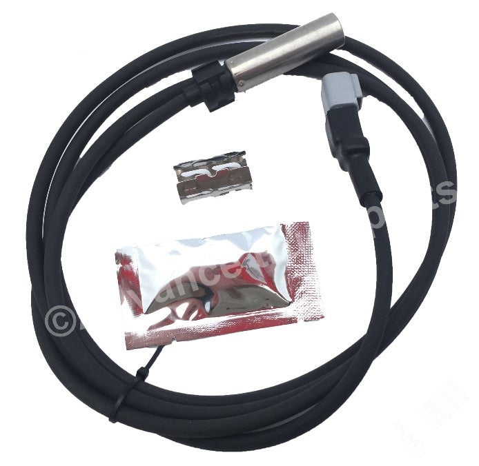 Advance Truck Parts USA branded studio overhead perspective displaying the replacement anti-lock brake system sensor featuring the long heavy-duty black wire, straight stainless steel head, locking connector, and included mounting hardware