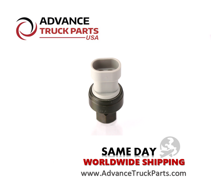 Advance Truck Parts USA branded studio angled top down perspective highlighting the grey connector housing of the heavy-duty high pressure A/C switch