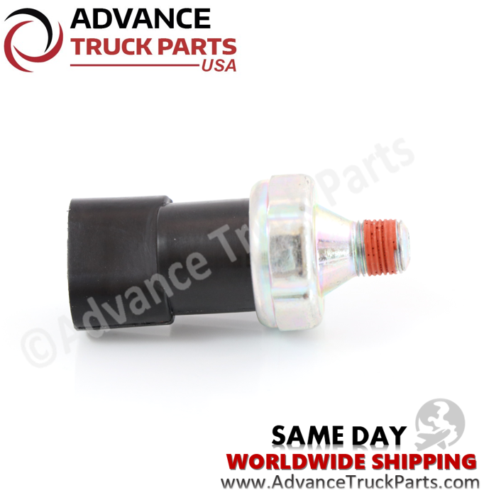 Advance Truck Parts USA branded studio horizontal right side profile perspective showcasing the metal threaded body with red locking compound and black connector housing of the heavy-duty air pressure switch