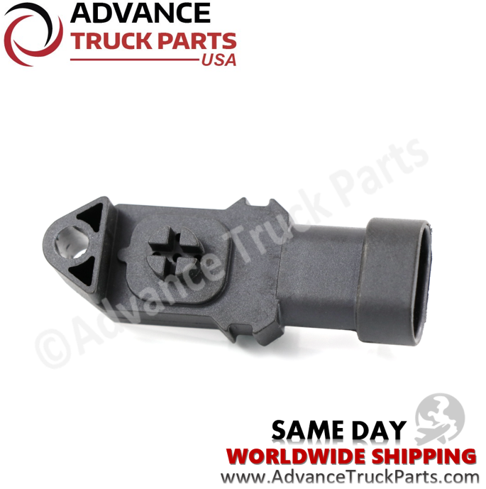 Advance Truck Parts USA branded studio top down perspective showcasing the black plastic body, mounting hole, and locking cross tab of the heavy-duty ambient air temperature sensor