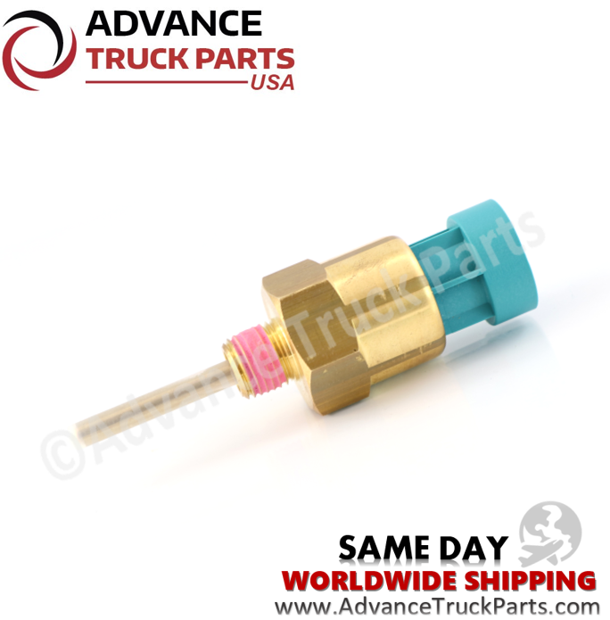 Advance Truck Parts USA branded studio angled perspective from the probe end highlighting the metal tip, red thread sealant, and brass body of the heavy-duty engine coolant level sensor