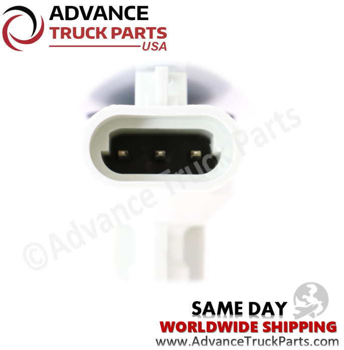 Advance Truck Parts USA branded studio close up perspective looking directly into the white oval housing and 3-pin layout of the heavy-duty engine coolant level sensor