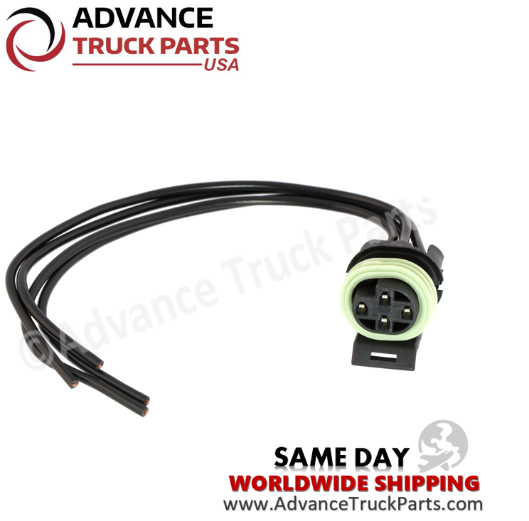 Advance Truck Parts USA branded studio alternate angled perspective highlighting the mating end and exposed wiring leads of the heavy-duty 4-pin sensor pigtail harness connector