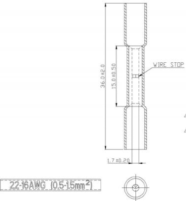 Advance Truck Parts USA Technical engineering drawing displaying 36.0mm overall length, 15.0mm barrel length, internal wire stop feature, and 1.7mm inner dimension specifications