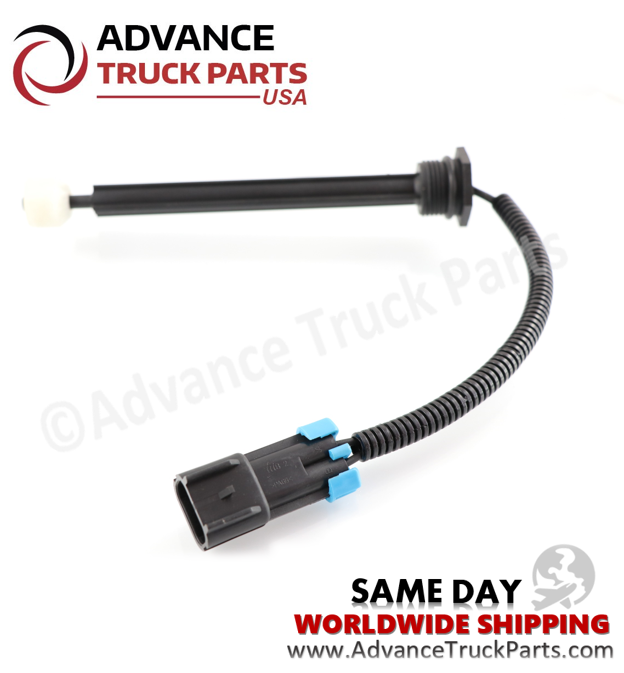 Advance Truck Parts USA Mack coolant level sensor showing a studio view of the full sensor length, threaded mounting base, and wiring harness on a branded background