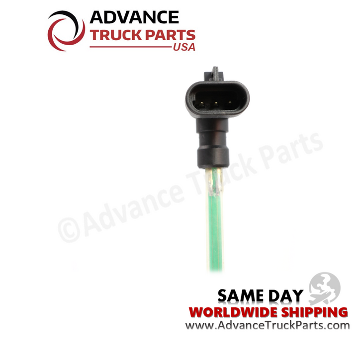 Advance Truck Parts fluid level sensor close-up view highlighting the 3-pin electrical connector receptacle on a branded background
