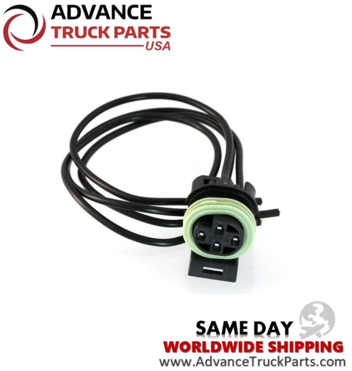 Advance Truck Parts USA branded studio perspective displaying the replacement pigtail harness featuring the green sealed connector housing and looped black wires