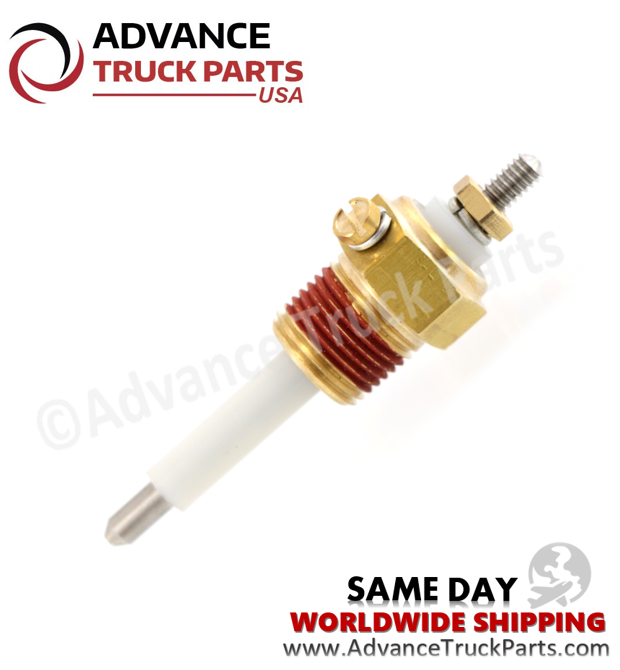 Advance Truck Parts USA replacement low coolant level probe showcasing an angled studio perspective of the ceramic rod and mounting threads on a branded background