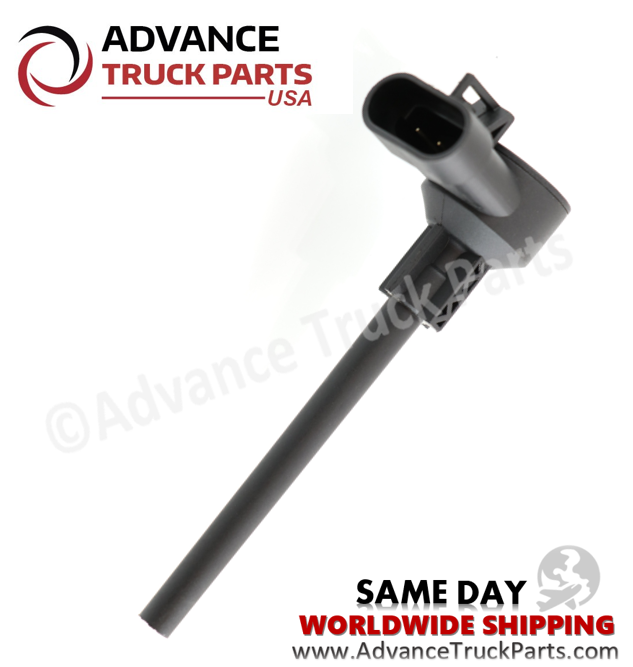 Advance Truck Parts USA branded studio angled front perspective highlighting the oval electrical socket, internal metal contact pins, and extended black sensing probe of the heavy-duty coolant level sensor
