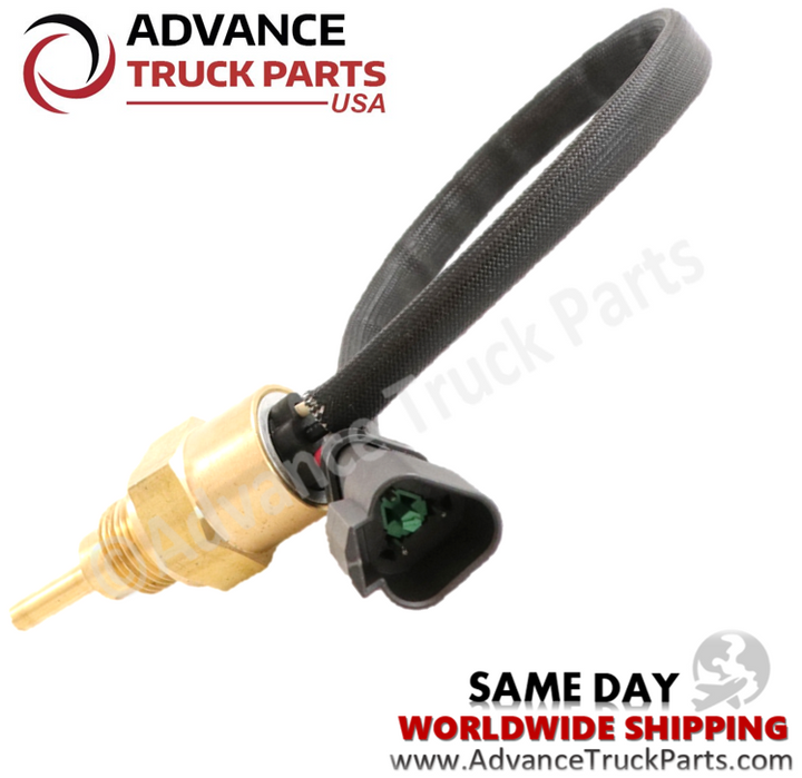 Advance Truck Parts USA replacement coolant temperature sensor showcasing an angled studio perspective of the sensor tip and connector 