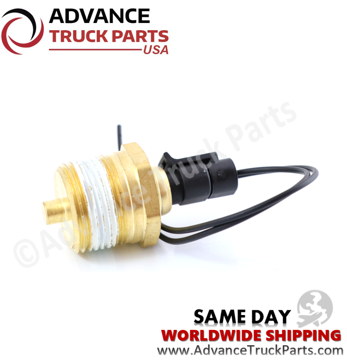 Advance Truck Parts USA branded studio angled perspective displaying the complete replacement coolant temperature sensor assembly featuring the brass threaded base, white thread sealant, and connected black electrical pigtail harness for commercial trucks