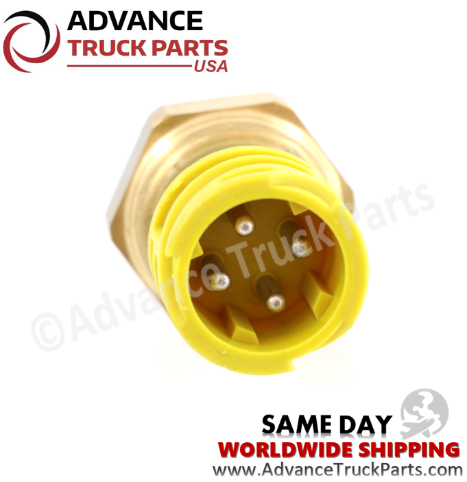 Advance Truck Parts USA branded studio close-up perspective highlighting the yellow circular 4-pin electrical connector and internal metallic contact pins of the Volvo replacement pressure sensor