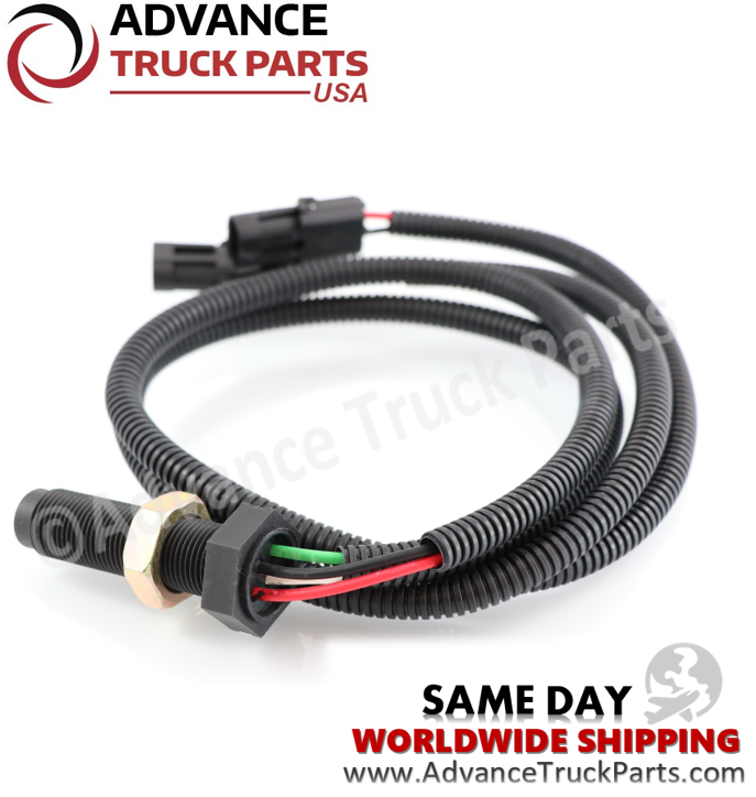 Advance Truck Parts USA Cummins speed sensor displaying a close-up studio perspective of the threaded probe and exposed wire leads on a branded background
