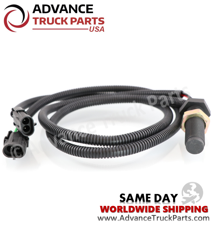 Advance Truck Parts USA Cummins speed sensor showcasing a close-up studio perspective highlighting the two black electrical plug connectors on a branded background