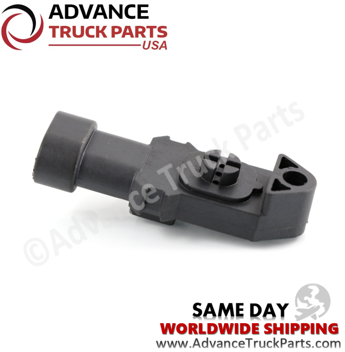 Advance Truck Parts USA branded studio top down angled perspective showcasing the black plastic body, mounting hole, and locking cross tab of the heavy-duty ambient air temperature sensor for Cummins engines