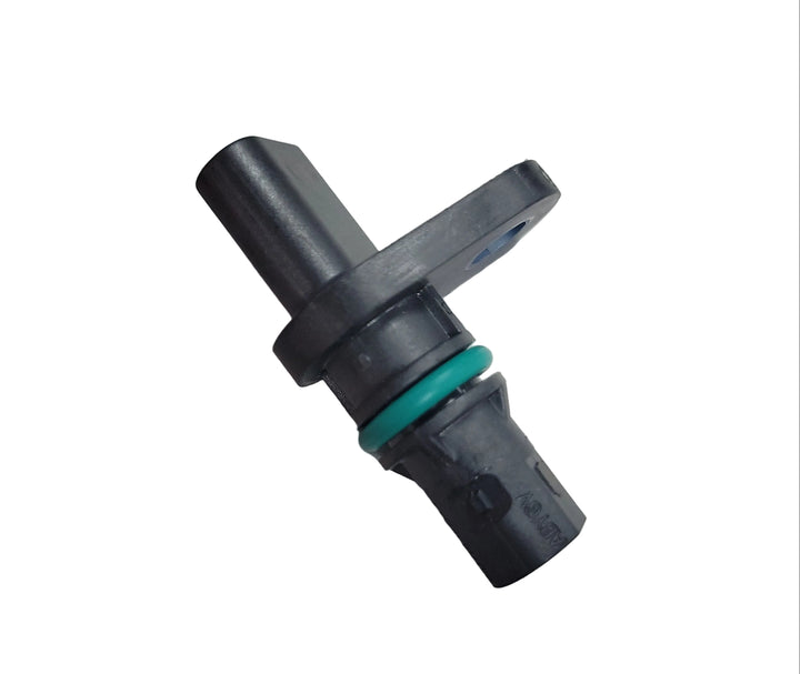 Advance Truck Parts USA studio angled perspective showcasing the black heavy-duty camshaft and crankshaft position sensor highlighting the green o-ring and mounting hole for Cummins commercial trucks