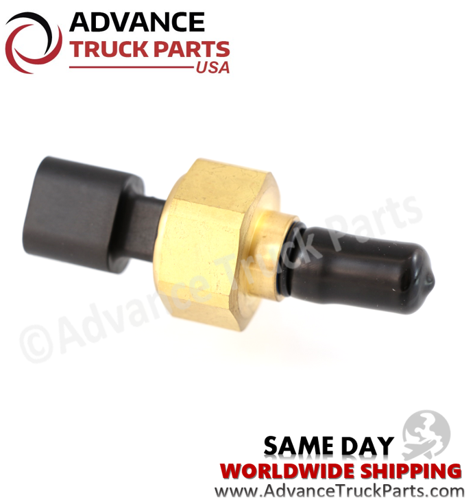 Advance Truck Parts USA branded studio view of the Cummins sensor with a black protective cap covering the threaded probe tip