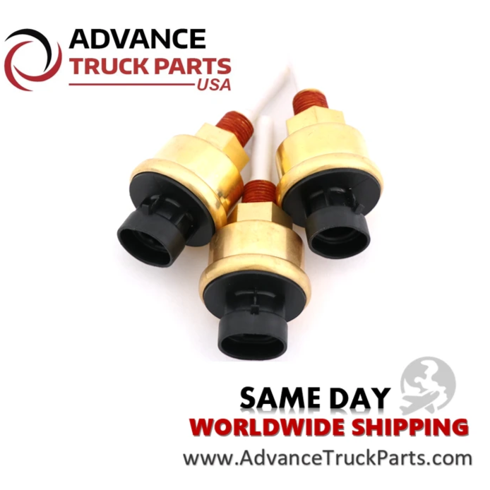 Advance Truck Parts USA branded studio perspective showcasing a 3-pack of heavy-duty engine coolant level sensors highlighting the brass threaded bodies and metal probes for Cummins commercial trucks