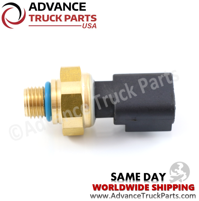 Advance Truck Parts USA Cummins ISX oil pressure sensor displaying a horizontal studio perspective of the hex fitting and housing 