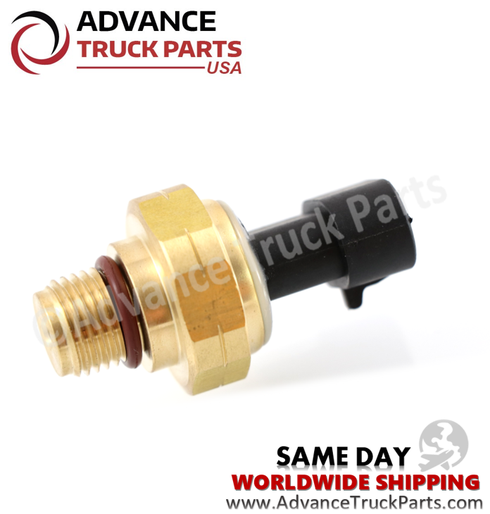 Advance Truck Parts USA branded studio view highlighting the threaded fitting and red sealing O-ring of the Cummins engine oil pressure sensor