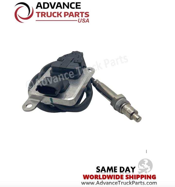 Advance Truck Parts USA branded studio angled view highlighting the electronic control module and connected harness of the Cummins NOx sensor