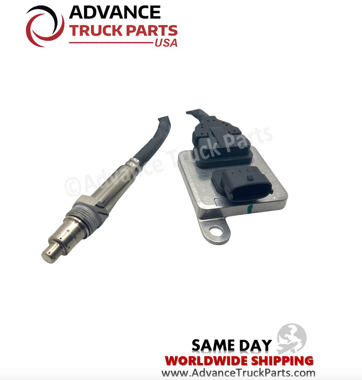 Advance Truck Parts USA branded studio layout view of the heavy-duty NOx sensor showing the probe and control module separately