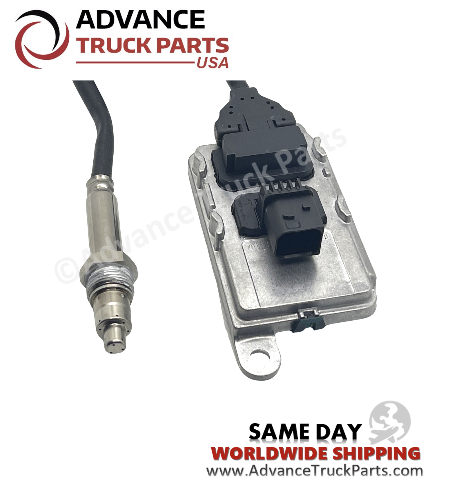 Advance Truck Parts USA branded studio full assembly view of the heavy-duty NOx sensor for Cummins applications