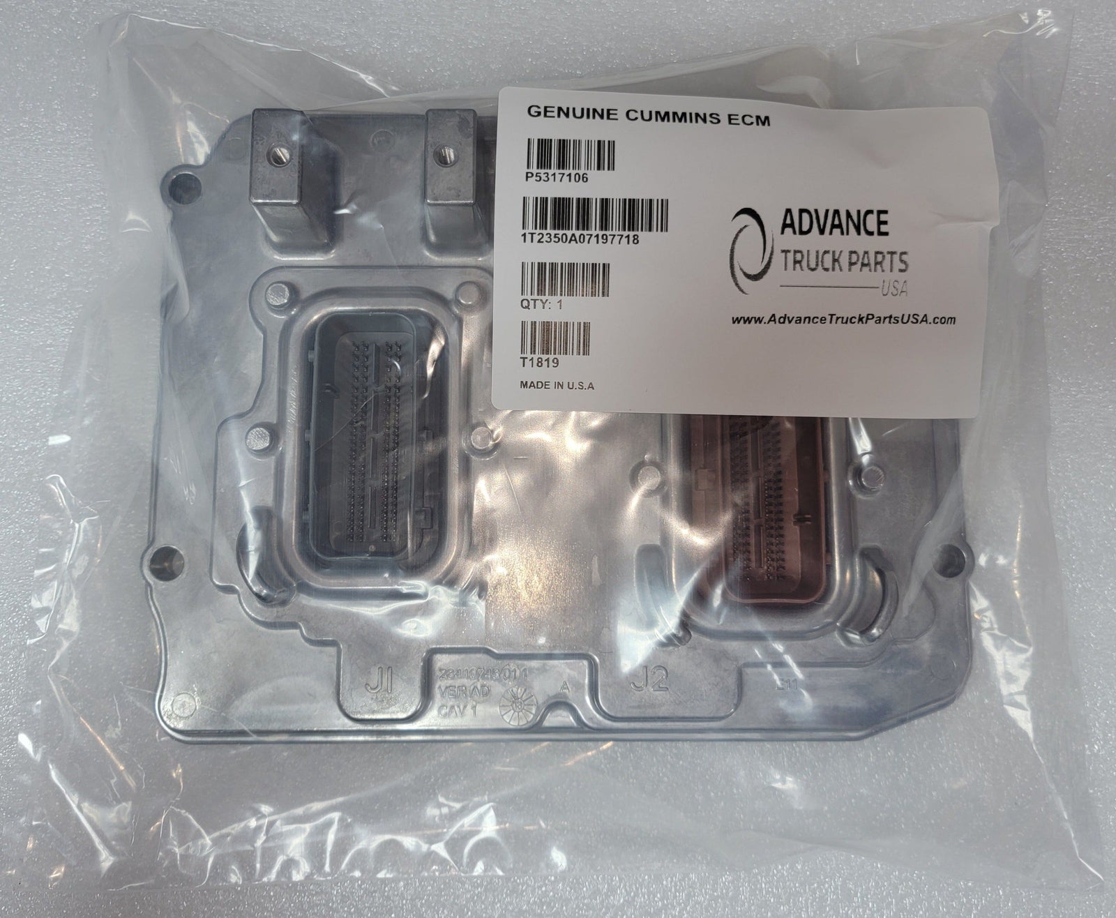 Sealed factory bag with Advance Truck Parts USA label for Cummins ECM P5317106RX