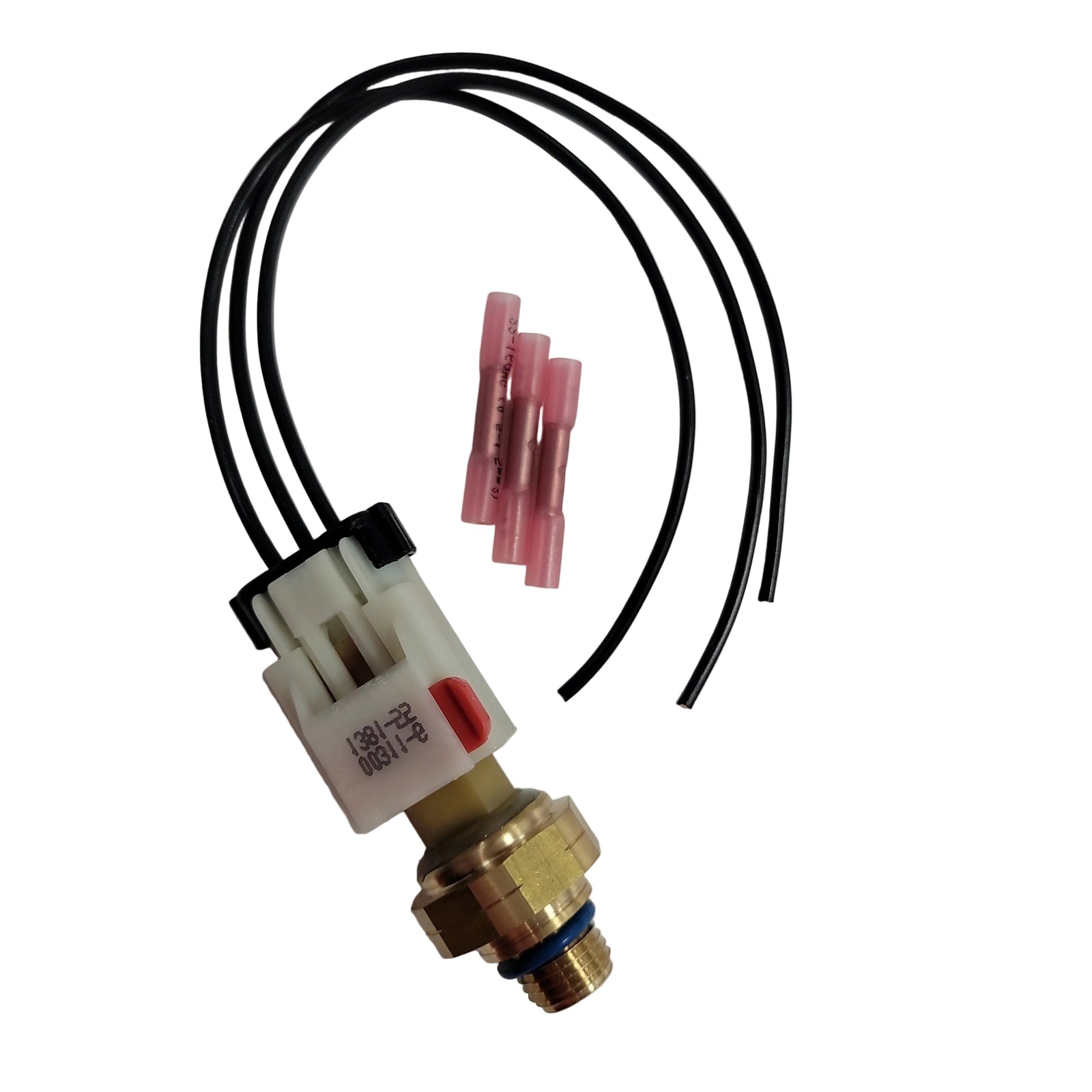 Advance Truck Parts USA Cummins pressure sensor connected to the pigtail harness and butt connectors on a plain background