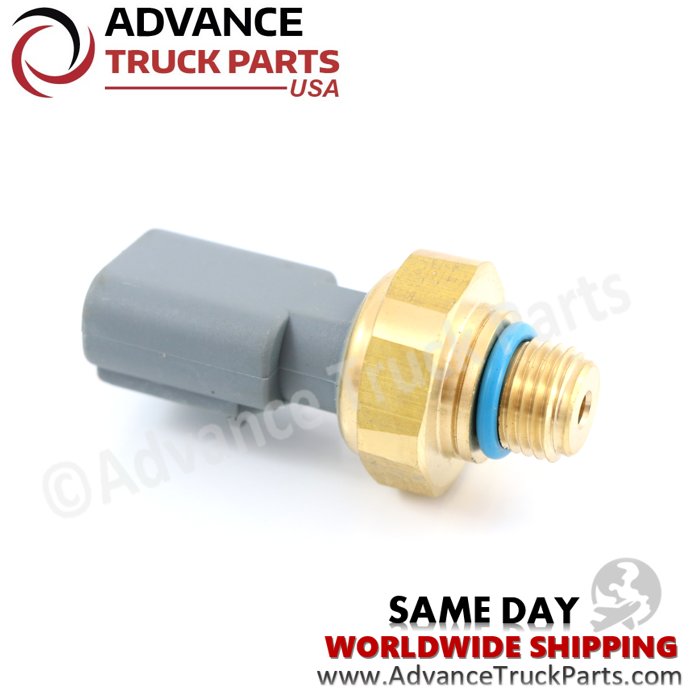 Advance Truck Parts USA branded studio horizontal right side profile perspective showcasing the brass threaded body and blue o-ring of the heavy-duty exhaust gas pressure sensor