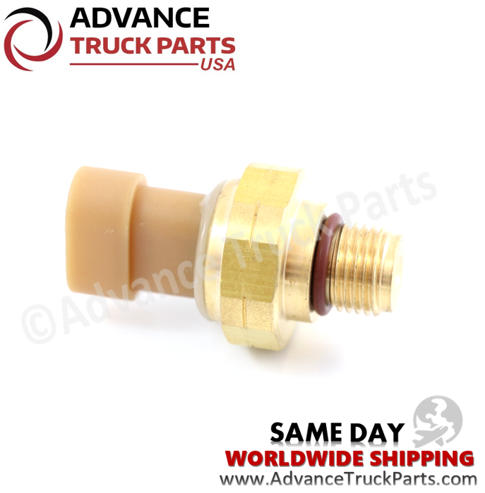Advance Truck Parts USA branded studio horizontal perspective featuring the brass hex body, threaded base section with a red sealing O-ring, and extended tan electrical receptacle of the Cummins intake manifold pressure sensor