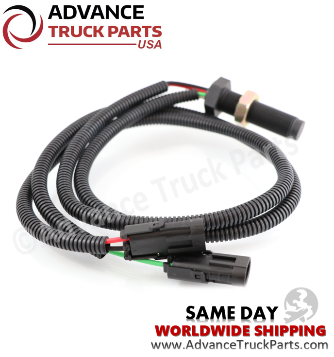 Advance Truck Parts USA Cummins speed sensor displaying a coiled studio layout of the wire harness and dual connectors on a branded background