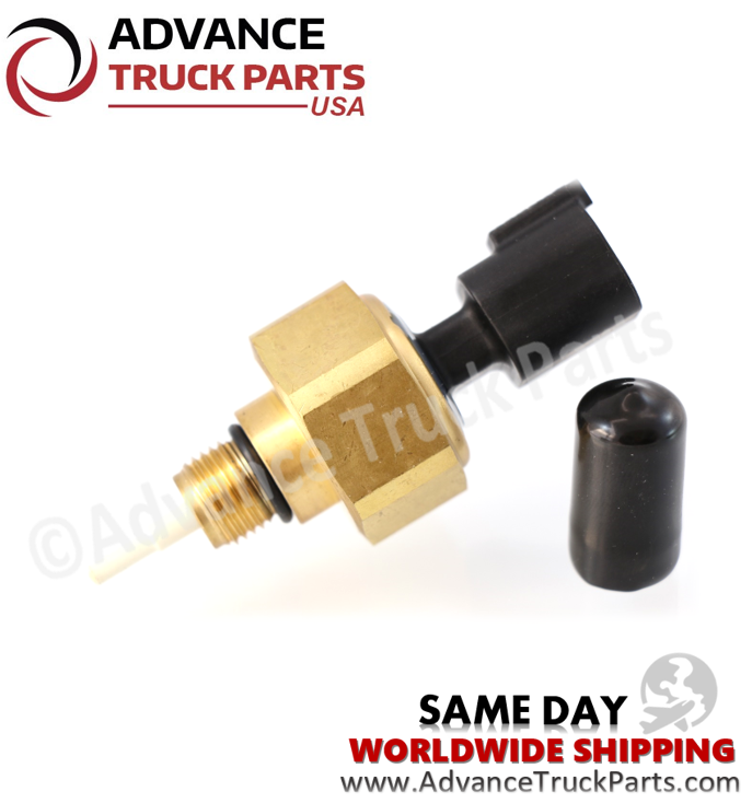 Advance Truck Parts USA Cummins temperature and pressure sensor displaying an angled studio perspective of the threaded port, O-ring, and protective cap on a branded background