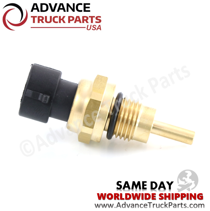 Advance Truck Parts USA Cummins temperature sensor displaying a horizontal studio profile highlighting the threaded body and o-ring on a branded background