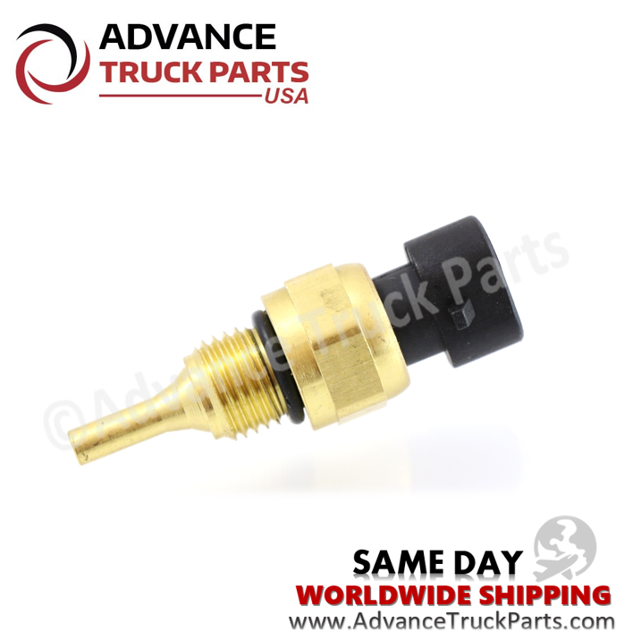 Advance Truck Parts USA Cummins temperature sensor displaying a horizontal studio perspective of the brass body and probe tip on a branded background