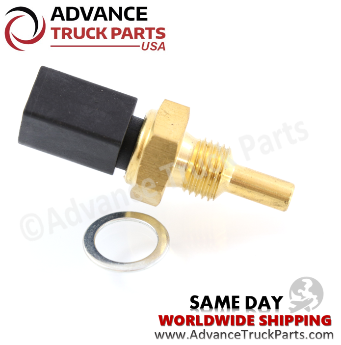 Advance Truck Parts USA branded studio perspective showcasing the Detroit Diesel temperature sensor alongside its accompanying metal sealing washer for commercial engines