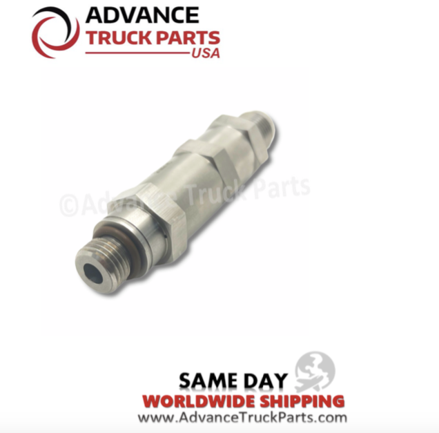 Advance Truck Parts USA branded studio angled view highlighting the threaded fitting and O-ring of the Detroit Diesel fuel check valve
